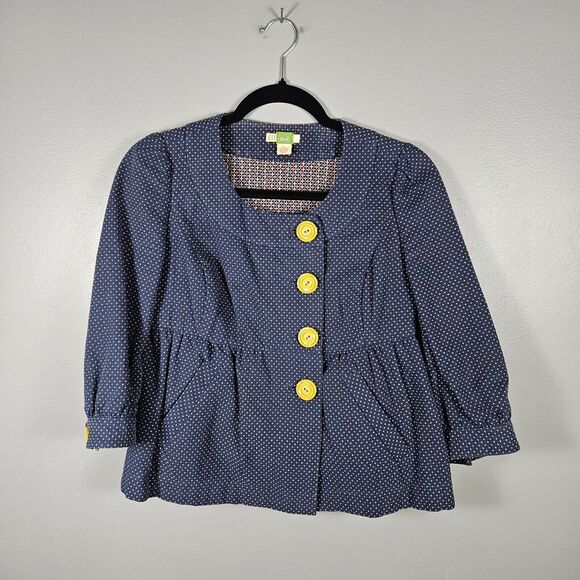 ETT TWA Anthropologie Pin Dot Navy Cropped Button Jacket Boho Retro Women Size 4 - Picture 1 of 7